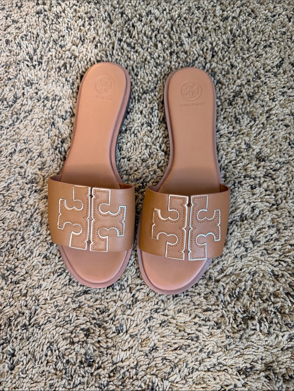 Tory Burch Brown Leather Logo Slide Sandals